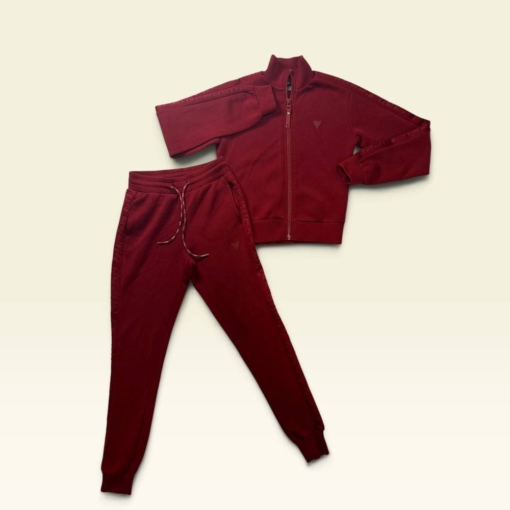 Guess Womens Tracksuit Set Burgundy Red Zip Jacket Joggers Logo Tape Small
